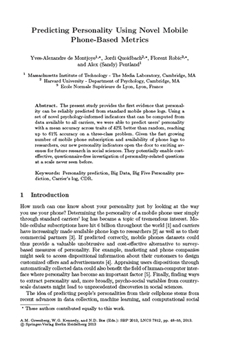 Predicting Personality Using Novel Mobile Phone-Based Metrics