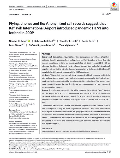 Flying, phones and flu: Anonymized call records suggest that Keflavik International Airport introduced pandemic H1N1 into Iceland in 2009